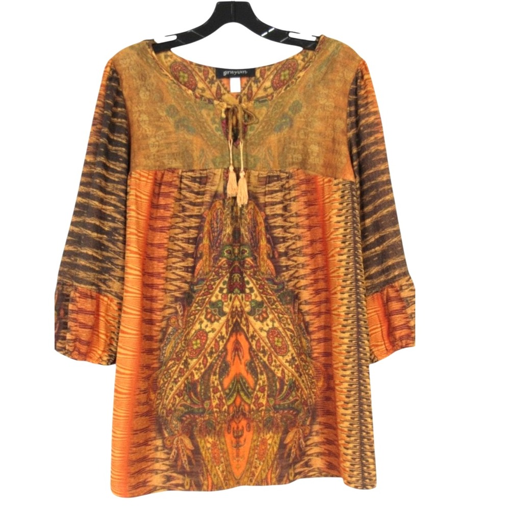 GRAYSON Orange/Brown BOHEMIAN 3/4 Sleeve DRAWSTRING NECKLINE Blouse/Top Sz 2X